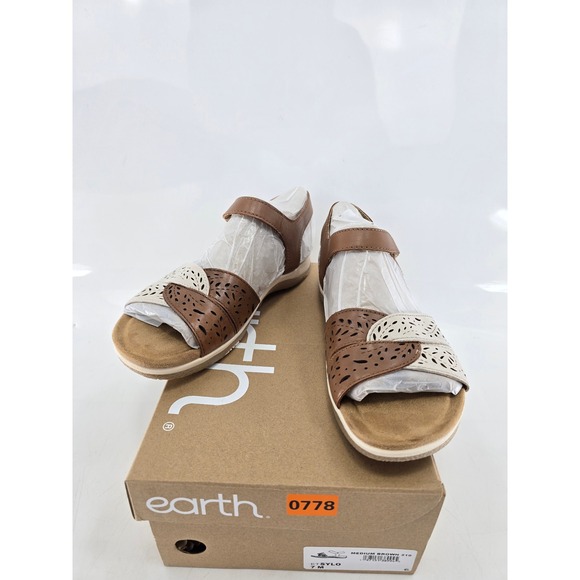 Earth Origins Shoes - Earth Origins Sylo Sandals Womens 7 Brown Laser Cut Hook Loop Straps - New